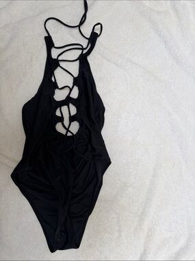 Sexy low cut black  lace up front -one piece swimsuit